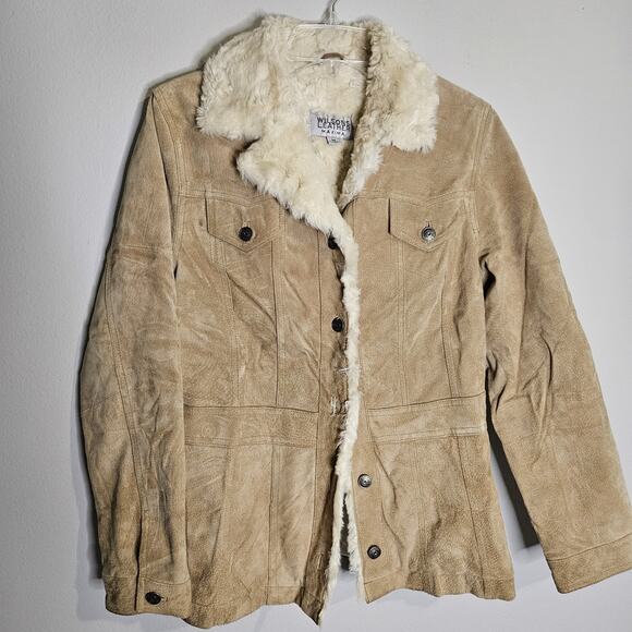 Wilson’s Leather Suede Jacket Womens Medium Beige Tan Maxima Button Ex Condition - Picture 1 of 15